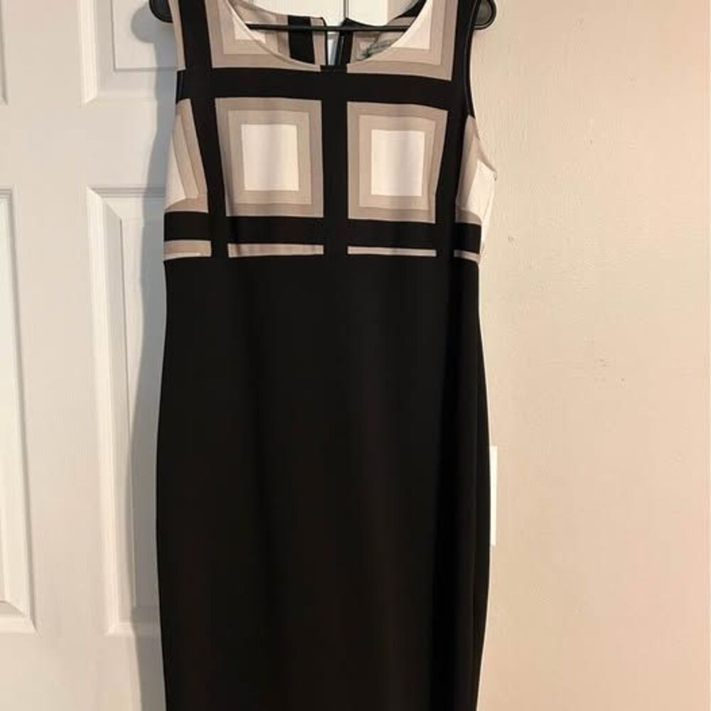 Danny & Nicole Dress Size 12 Black Beige Geometric Sleeveless Sheath Career